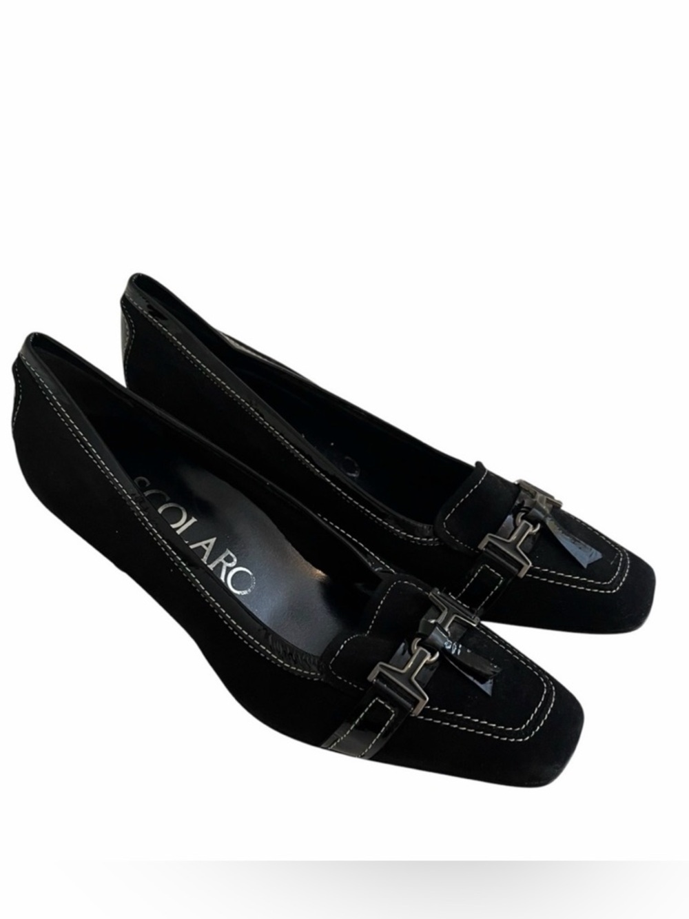 Scolaro Black Suede/Patent Leather Buckle Detail Loafer Style Heel 39(8.5) NEW
